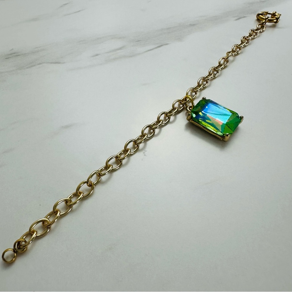 Handcrafted Gold Tone Bracelet w/ Iridescent Gemstone Pendant | 7” - Picture 13 of 13